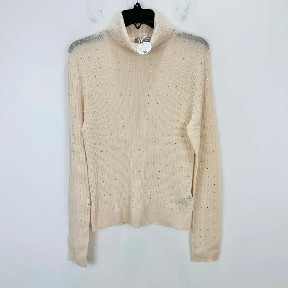 J.Crew Featherweight Cashmere Turtleneck Sweater Rhinestones Buttercream XL NWT